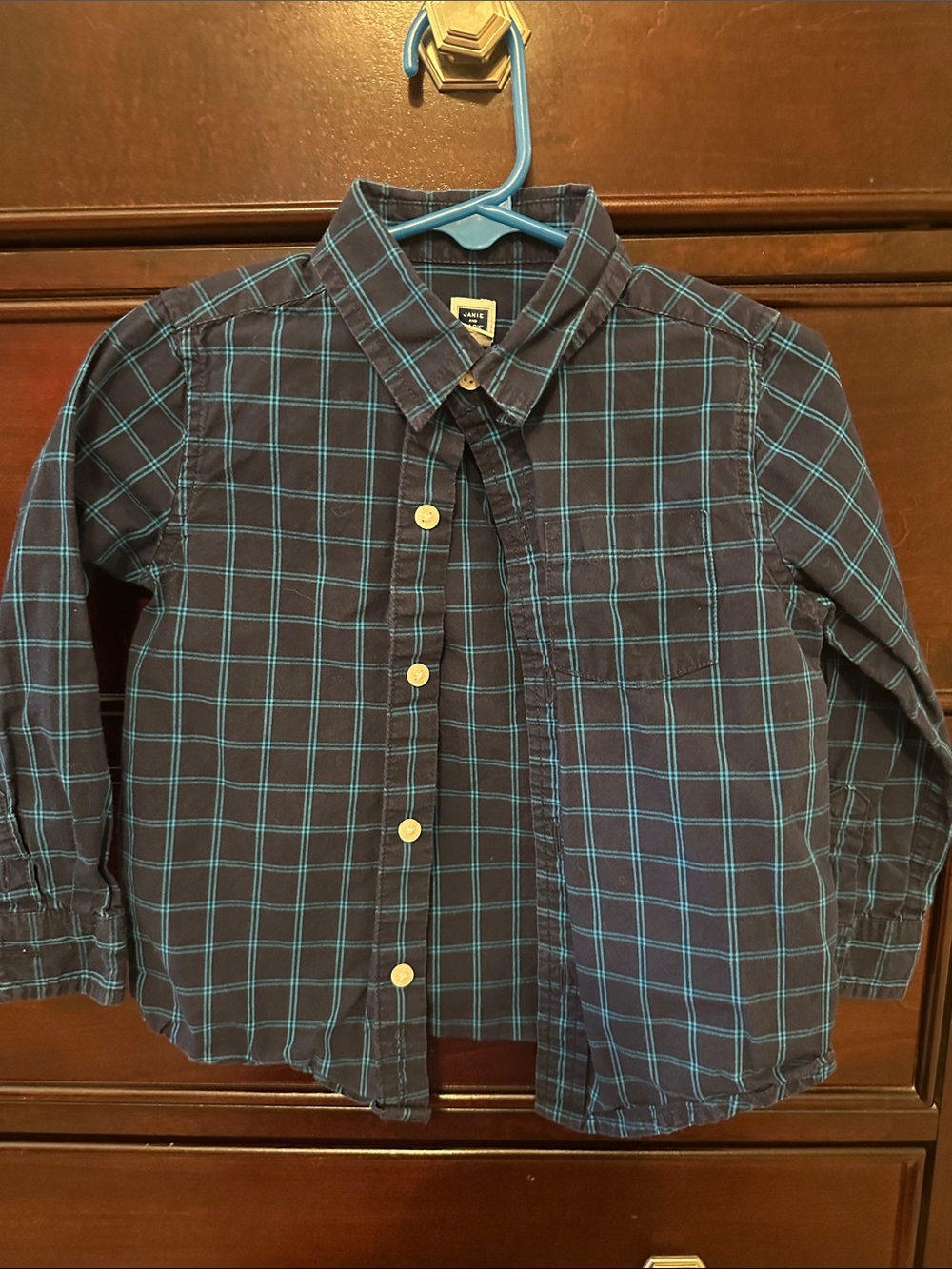 Janie and Jack Navy Button-Down Shirt with Teal Windowpane 2T